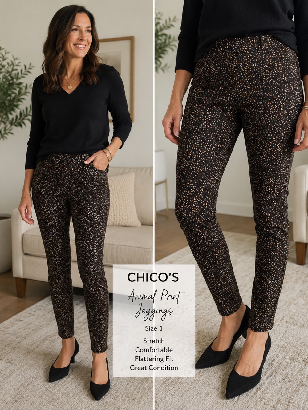 Chico’s Animal Print Jeggings Skinny Stretch Pants Brown Black Size 1